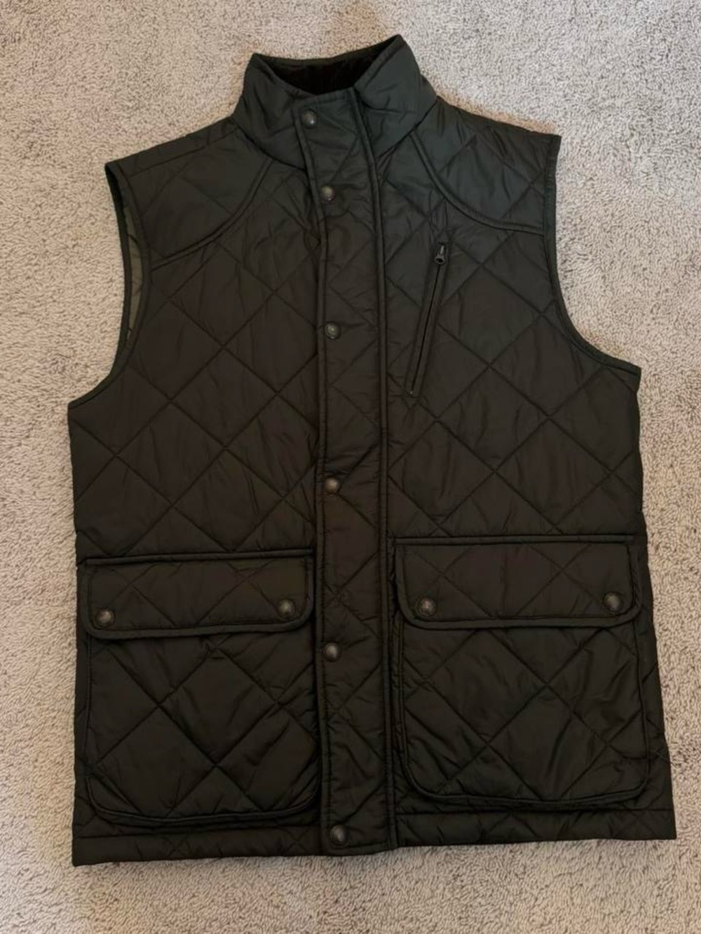 Lands' End Quilted Army Green Men's Vest with Snap Front